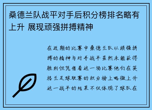 桑德兰队战平对手后积分榜排名略有上升 展现顽强拼搏精神